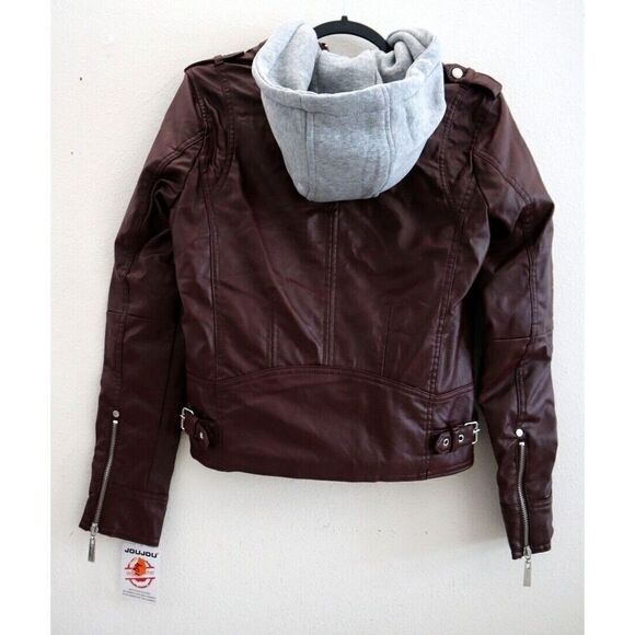 Jou Jou 103-1192ME Juniors Sz S Walnut Brown Faux-Leather Hooded Moto Jacket - Picture 2 of 9